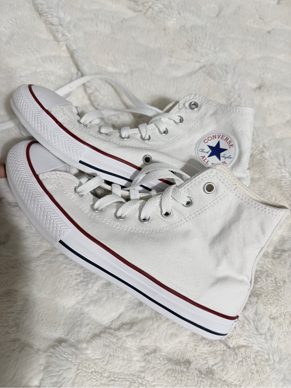 Converse White High Top Sneakers with Red & Blue Stripe